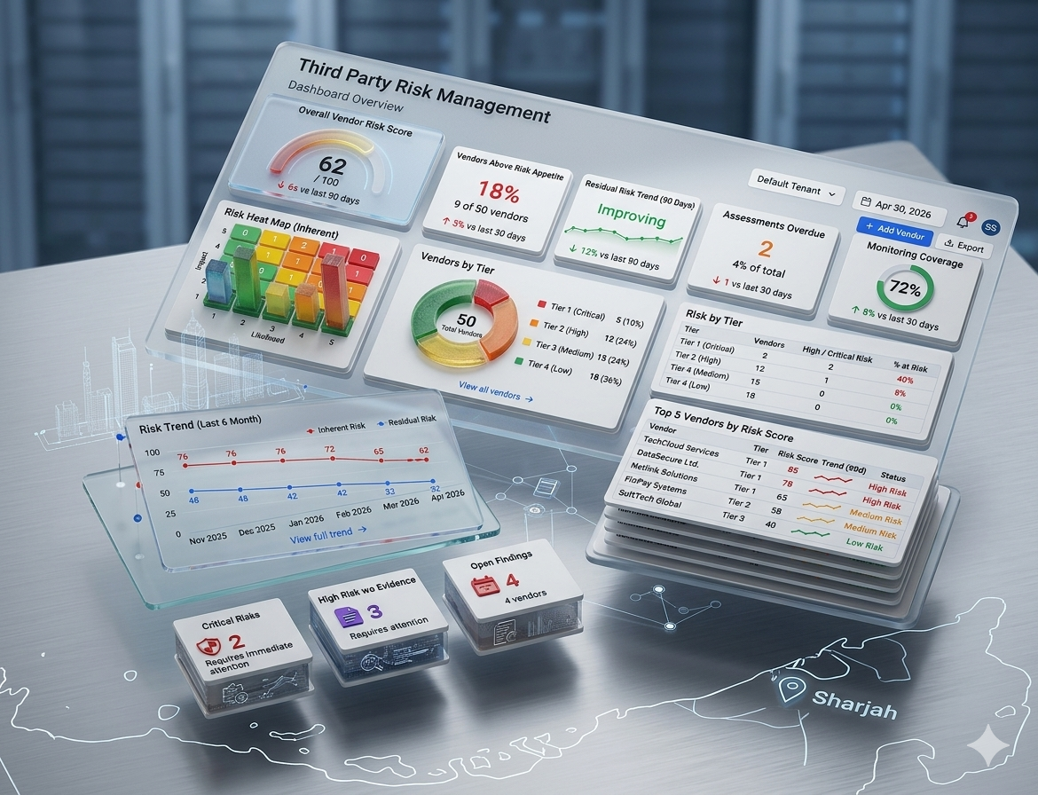 Waaqi Third Party Risk Management dashboard with vendor risk scores, heat map, tier breakdown, residual risk trend, and top vendors at risk
